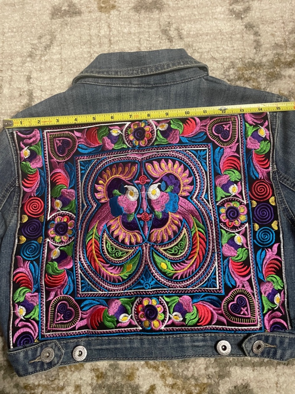 Upcycled Dollhouse Cropped Distressed Denim Jacket with Bird Hmong embroidery M - Picture 11 of 15